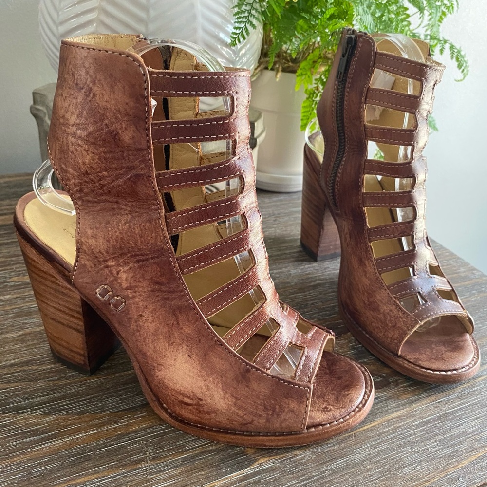 Bed|Stu Boho Occam Distressed Leather Caged Heeled Boots Sandals Womens 7 Tan - Picture 4 of 12